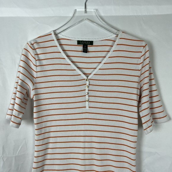 Lauren Ralph Lauren Womens White Orange Stripe Short Sleeve V-Neck Shirt Medium - Picture 3 of 10
